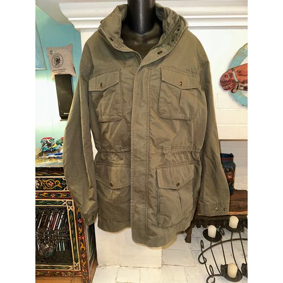 VINTAGE L.L. BEAN OLIVE HUNTING JACKET FIELD COAT W/ HIDDEN HOOD L - Picture 1 of 13